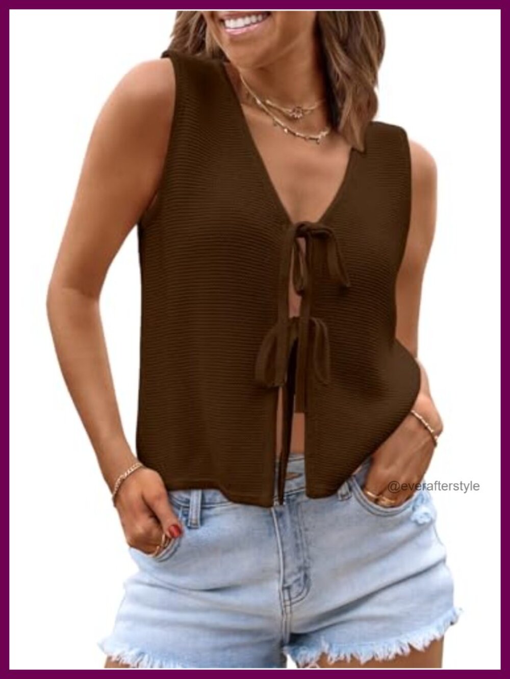 Sleeveless V-Neck Tie Front Sweater Vest Crochet Knit Top